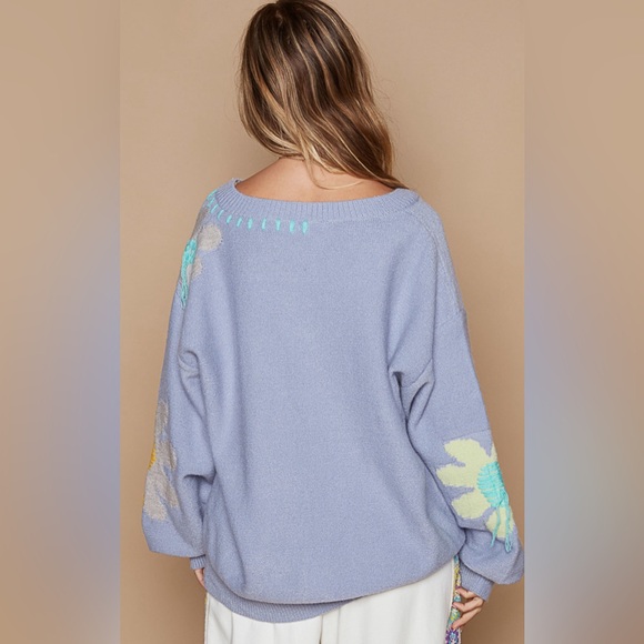 #065 Last 1! POL Floral Print Blue Sweater - Picture 8 of 10